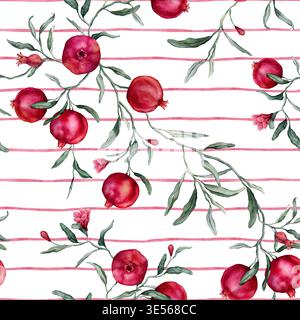 Modèle sans couture avec illustration aquarelle de grenade avec des fleurs. Imprimé dessiné à la main avec branche de fruits tropicaux avec des feuilles sur rose isolé Banque D'Images
