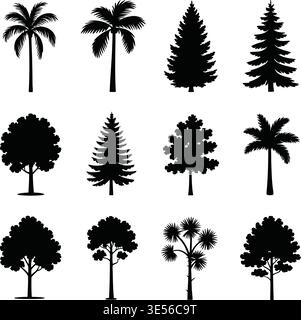 Collection de diverses silhouettes d'arbre en noir et blanc Vector Design isolé sur fond transparent Illustration de Vecteur