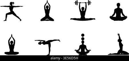Ensemble de huit icônes de posture de yoga et de fitness en noir et blanc avec divers exercices d'étirement et de force isolés sur fond transparent Illustration de Vecteur
