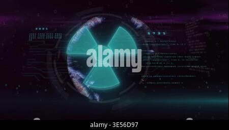 Symbole trèfle à rayonnement holographique cyan pulsé planant dans une sphère virtuelle HUD, avec code flottant Banque D'Images