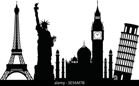 Emblématique monuments du monde silhouettes avec Tour Eiffel Statue de la liberté Big Ben Tour penchée de Pise Taj Mahal Illustration de Vecteur