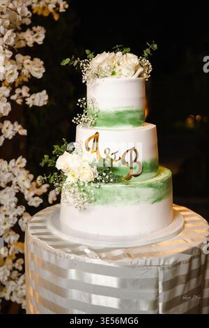 Élégant gâteau de mariage à trois niveaux orné de fleurs fraîches et de verdure, symbolisant l'amour et la célébration. Banque D'Images