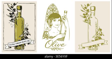 Illustration d'huile d'olive de style vintage. Bouteille d'huile d'olive et branches d'olivier, bannière de ruban, et figure féminine tenant une bouteille. Art de ligne verte rétro i Illustration de Vecteur