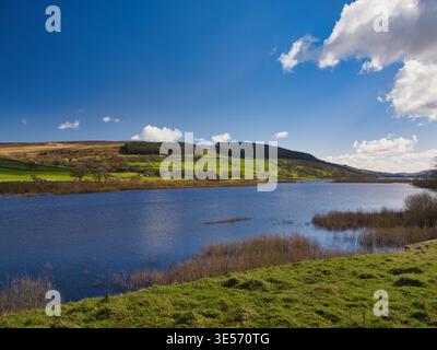 Vue lumineuse du réservoir Gouthwaite dans le Yorkshire Royaume-Uni avec des collines d'eau bleue et des nuages éparpillés dans une lumière printanière croustillante Banque D'Images