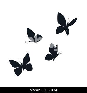 Quatre silhouettes de papillon noir sont élégamment affichées dans diverses poses de vol et de repos, isolées sur un fond blanc propre pour être polyvalentes Illustration de Vecteur