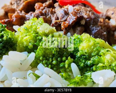Macro-photographie en gros plan extrême d'un repas asiatique. Le premier plan présente des grains de riz au jasmin blanc distincts avec visible Banque D'Images