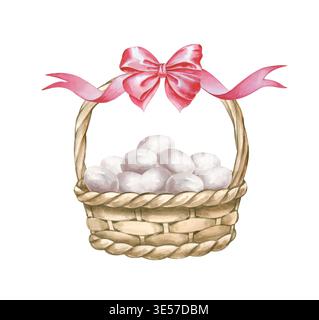 Illustration aquarelle peinte à la main d'un panier traditionnel en osier rempli d'œufs blancs frais et décoré d'un bel arc rose soie Banque D'Images
