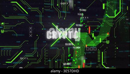 Affichage de texte CRYPTO lumineux pulsé sur l'affichage tête haute numérique, montrant un X vert néon et des traces de circuit Banque D'Images