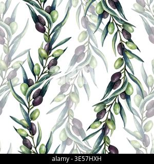 Motif sans couture de branche d'olivier. Aquarelle olives vertes et noires, feuilles, verdure. Répéter l'illustration isolée de l'arrière-plan. Peint à la main Banque D'Images