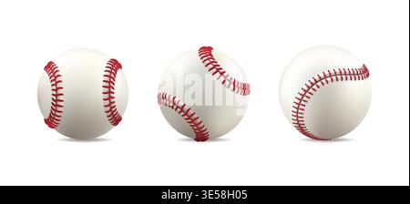 Clipart de base-ball. Ensemble de softball en cuir blanc, ligne vintage de points rouges. maquette de vecteur isolé 3d. Logo de l'équipe de la maquette de l'équipement du joueur Illustration de Vecteur