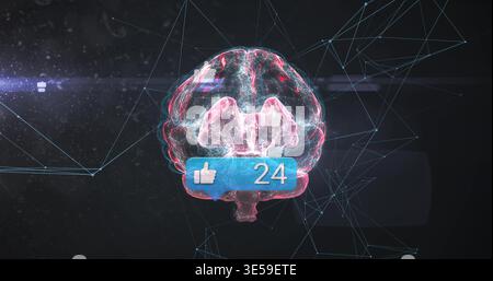 Hologramme au néon flottant cerveau brillant dans un espace de maille sombre, montrant des icônes pouce vers le haut et un badge bleu 24 Banque D'Images