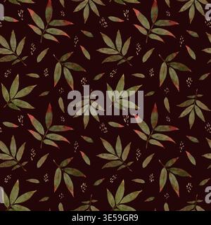 Illustration botanique relaxante avec des accents de feuillage vert doux. Image d'aquarelle tranquille présentant des feuilles vertes éparpillées et des teintes subtiles d'eucalyptus pour Branding et Decor aquarelle dessinée à la main motif botanique sans couture. Banque D'Images