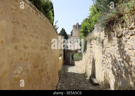 Rue pavée typique du village de Saint Emilion, département de Gironde, France Banque D'Images