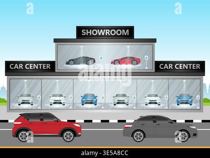 Salle d'exposition de voitures. Service de centre de location de voitures. Acheter un nouveau concept de voiture. Illustration vectorielle. Illustration de Vecteur