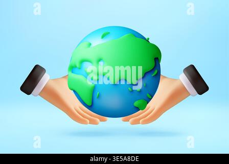 Mains de dessin animé 3D tenant le globe terrestre. Illustration de Vecteur