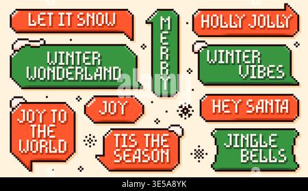 Bulles de dialogue couleur pixel art de Noël. Nuages de texte rouge et vert avec des pics de neige et des phrases de nouvel an. Illustration de Vecteur