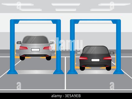 Ascenseur de cabine. Centre de réparation et de service automobile. Entretien du véhicule. Illustration vectorielle. Illustration de Vecteur