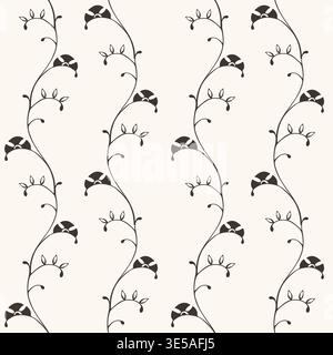 Motif vectoriel sans couture avec des vignes florales dessinées à la main minimalistes avec des bourgeons délicats stylisés sur un fond clair, parfaitement adapté aux impressions textiles élégantes, aux designs de papier peint sophistiqués, aux emballages de boutique et aux projets de décoration intérieure élégants. Illustration vectorielle Illustration de Vecteur