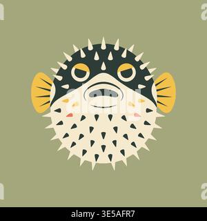 Illustration stylisée d'un poisson soufflé rond vu de l'avant avec des ailerons à pointes et des marques à motifs. Illustration de Vecteur