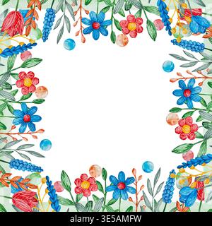 Une illustration de bordure florale d'aquarelle vibrante avec des fleurs colorées, des feuilles et des tiges. Les délicates fleurs dessinées à la main dans les tons de rouge, bleu, Banque D'Images