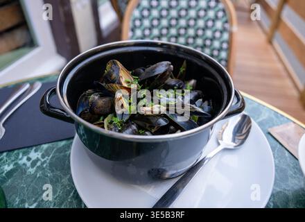 Moules cuites à la vapeur dans un pot noir avec des herbes servies sur table plat de fruits de mer frais restaurant concept de repas Banque D'Images