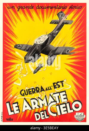 Cette affiche de film italien dynamique pour 'le Armate del Cielo' (Feuertaufe / baptême du feu) de 1940 représente un bombardier allemand larguant un missile sur une carte de l'Europe, sur un fond rouge et jaune explosif. L'affiche promeut un documentaire historique, probablement un film de propagande de Tobis Filmkunst, montrant la puissance de la Luftwaffe pendant la première Guerre mondiale Banque D'Images
