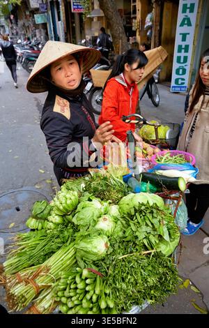 Une femme avec un chapeau conique vend des légumes frais à partir d'un chariot dans les rues animées de Hanoi. Deux clients regardent la sélection. Banque D'Images