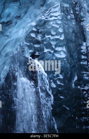 Formations de glace bleue à l’intérieur d’une grotte glaciaire dans le parc national islandais de Vatnajökull, créant des textures abstraites et une scène de cascade gelée. Banque D'Images