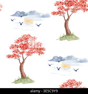 Arbres d'automne et feuillage rouge peint à la main motif sans couture aquarelle sur fond blanc. Forêt botanique illustration tissu parfait, papier peint Banque D'Images