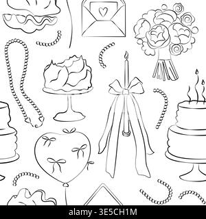 Motif d'anniversaire sans couture dessiné à la main, gâteau, bougie, arc, bouquet, collier de perles et décor de fête, accessoires, fond d'anniversaire Illustration de Vecteur
