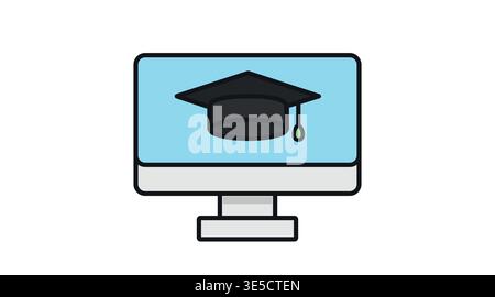 Icône d'ordinateur de bureau avec capuchon de graduation dans des couleurs pastel douces. Illustration vectorielle Illustration de Vecteur