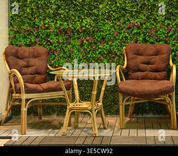 Deux chaises en rotin avec des coussins bruns et une table en verre sont disposées sur du parquet, entourées d'un feuillage vert luxuriant et de fleurs roses dans une aire extérieure Banque D'Images