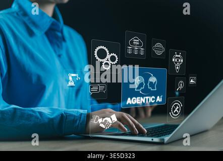 IA Agentic et concept Smart Automation. Femme utilisant un ordinateur portable avec IA virtuelle, chatbot, recherche, robotique et icônes de flux de travail représentant intelligent Banque D'Images