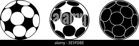 Ensemble de 3 icônes stylisées de ballon de football vectoriel avec un motif circulaire abstrait moderne. La collection comprend des variations avec des espaces négatifs, des points plats et des styles de silhouette soulignés. Ces éléments de football géométriques uniques sont parfaits pour les logos sportifs contemporains, la marque créative des tournois, le design UI UX moderne et les imprimés de vêtements de sport élégants. Graphiques monochromes de haute qualité isolés sur un fond blanc. Illustration de Vecteur