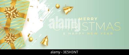 bannière de noël abstrait au joyeux avec 3d éléments de boîtes cadeaux et arbre doré Illustration de Vecteur