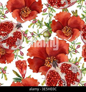 Motif aquarelle sans couture avec grenades ouvertes, fleurs, feuilles vertes et éclaboussures de jus rouge. Illustration pour les cosmétiques, textiles de cuisine, packag Banque D'Images