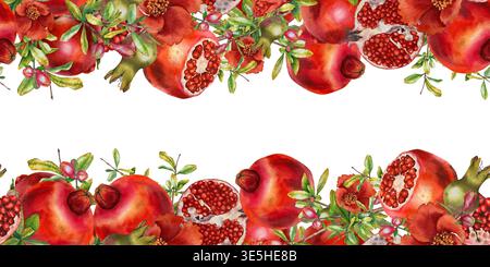 Aquarelle bordure sans couture avec des fleurs de grenades et du feuillage disposés comme un double cadre horizontal avec un espace vide au centre. Illustration de Banque D'Images