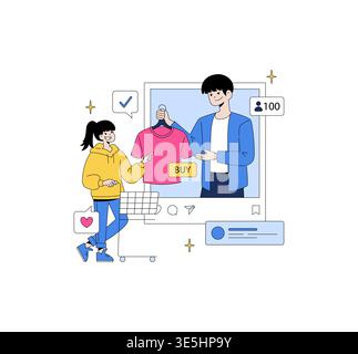 Illustration vectorielle de deux personnes interagissant via une plate-forme en ligne pour le shopping de vêtements. Une personne tient une chemise rose avec un bouton « acheter », symbolisant le commerce électronique social. Illustration de Vecteur
