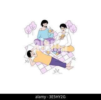 Trois amis se sont rassemblés sur une couverture de pique-nique dégustant des boissons et des collations dans un cadre de parc. L'illustration vectorielle capture une scène détendue de loisirs et de convivialité. Illustration de Vecteur