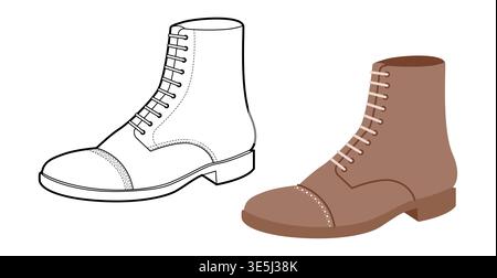 Marron grosse dentelle bottine femmes plat plus ligne set. Col rembourré avec crampons pour date nuit, look tendance. Illustration de mode technique CAD maquette vecteur hommes unisexe style chic isolé. Illustration de Vecteur