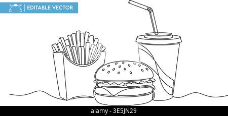 Illustration vectorielle de dessin à une ligne continue d'un repas combo classique de restauration rapide. Illustration de Vecteur