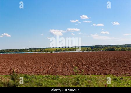 Champ fraîchement labouré sous un ciel bleu vibrant avec des nuages moelleux. Vaste terrain agricole prêt pour la plantation, s'étendant vers une ligne d'arbres lointaine et gr Banque D'Images