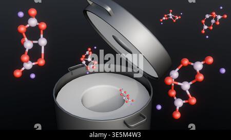 Un rendu 3D montre des molécules de borax s'élevant d'un four ouvert. Cela met en évidence le procédé de chauffage chimique utilisé dans la fusion ou la verrerie. Banque D'Images