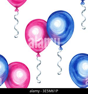 Motif aquarelle sans couture avec des ballons à air roses et bleus vibrants avec des rubans de curling argentés. Illustration festive dessinée à la main parfaite pour Banque D'Images