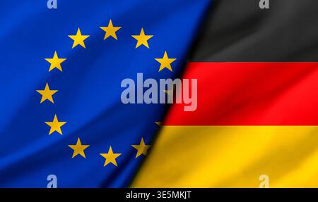 Une fente diagonale montre le drapeau de l'UE avec des étoiles dorées et les couleurs du drapeau allemand, symbolisant le lien politique et économique entre l'Europe et le germe Banque D'Images