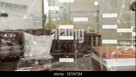 Affichage d'un canapé tufté brun, oreiller blanc, table basse montrant des graphiques HUD et des livres à la maison Banque D'Images