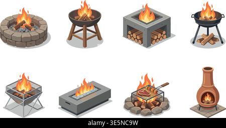Ensemble d'icônes Fire Pit – Collection vectorielle plate de cheminée extérieure Illustration de Vecteur