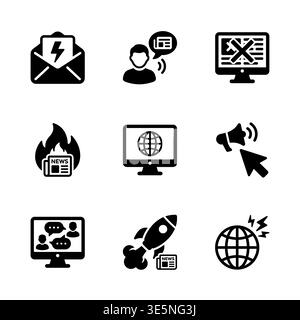 Ensemble d'icônes d'actualités et de médias en noir et blanc Illustration de Vecteur