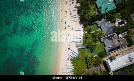 Vue aérienne de l'océan turquoise rencontrant la plage de sable avec des canoës alignés, adjacente à des maisons et des palmiers, Kailua, Hawaii, États-Unis. Banque D'Images