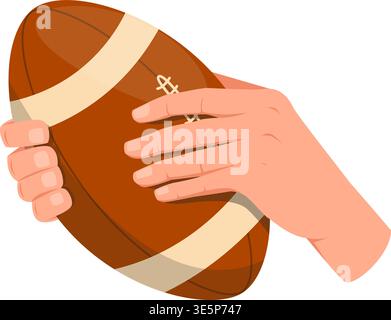 Mains d'homme tenant le ballon de football américain ou de rugby. Sportsman Shoot et hit. Match sportif. Jeu compétitif. Les doigts saisissent la poignée. Entraînement de passe de joueur Illustration de Vecteur